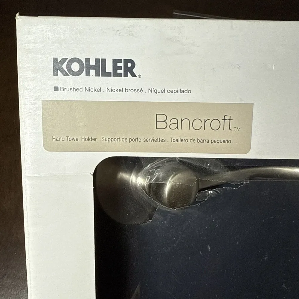KOHLER BANCROFT Hand Towel Holder Brushed Nickel / Silver with White Bar NEW